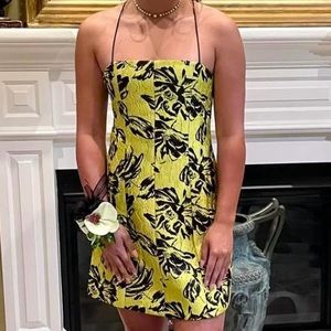 Alice & Olivia Sz 0 Tayla Structured Mini Dress in Citron & Black Floral print